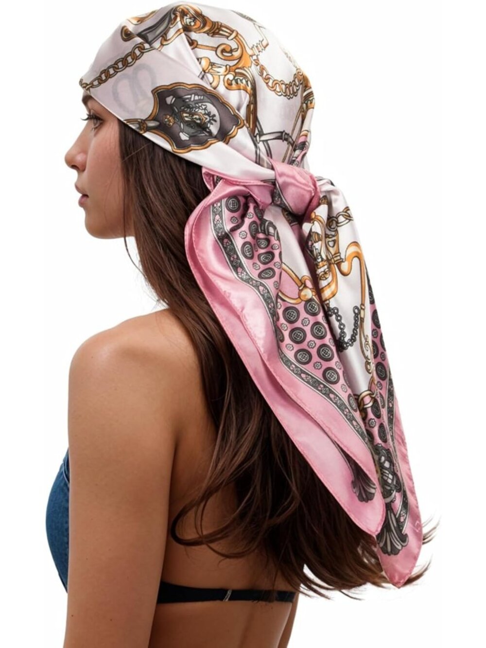 Womens Pink Gold Printed Square Scarf Bandanas Hair Scarf 35 Inches